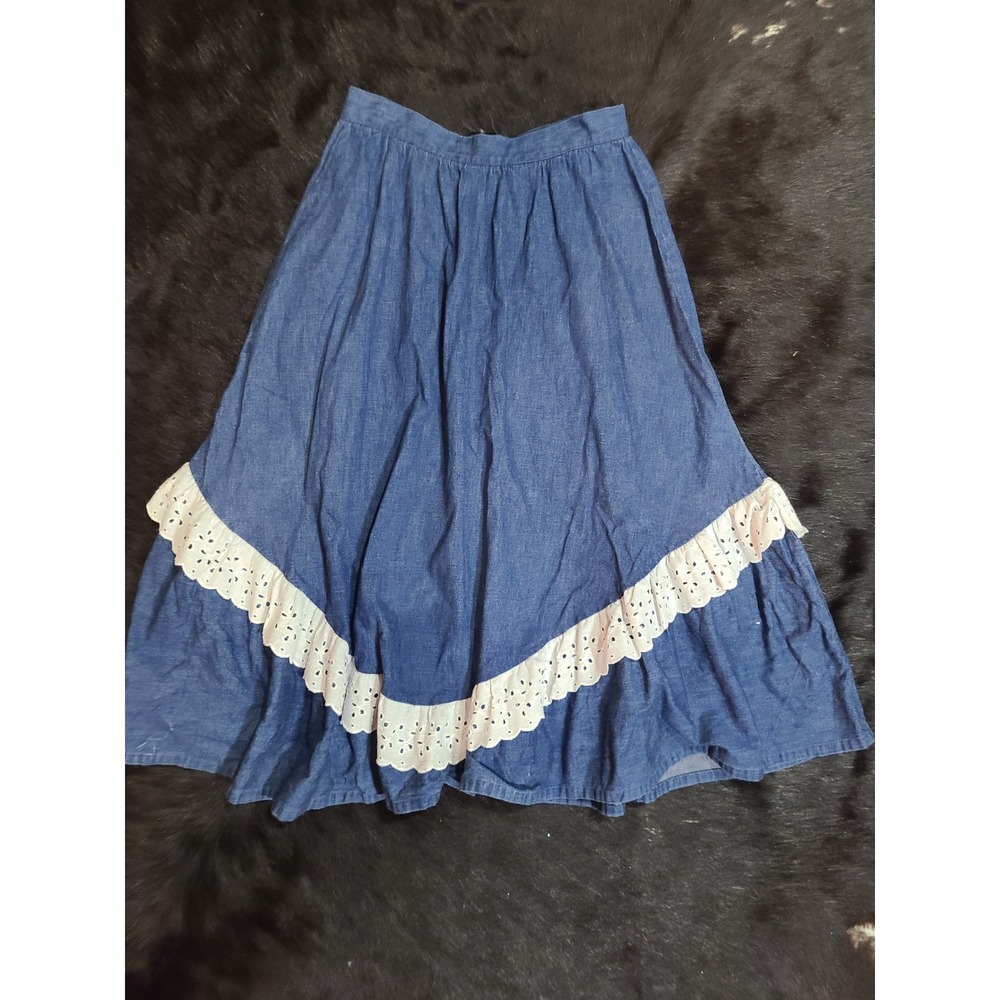 Chequers Denim Midi Skirt Womens 10 Blue Vintage Eyelet Lace Prairie